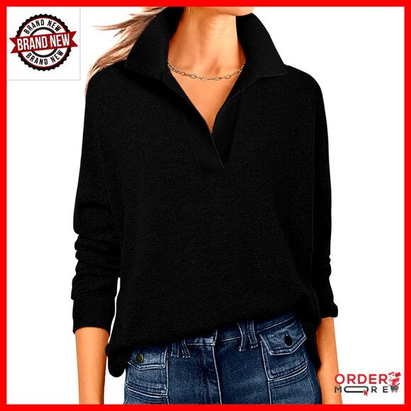Sweaters - Long Sleeve V-Neck Polo Sweater Pullover Top Lightweight Business Casual